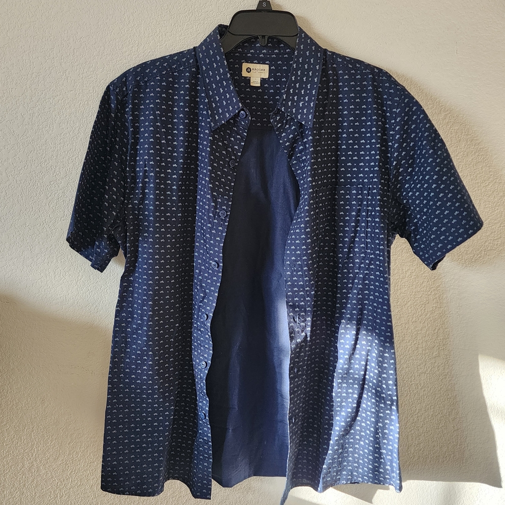 Men's - Haggar Dark - Blue Bicycle Print Button Down Shirt - Size: Large